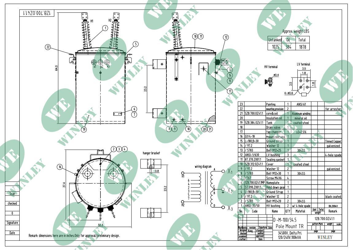 100kVA 34.5kV Single Phase Pole Mounted Transformer for Rural Distribution