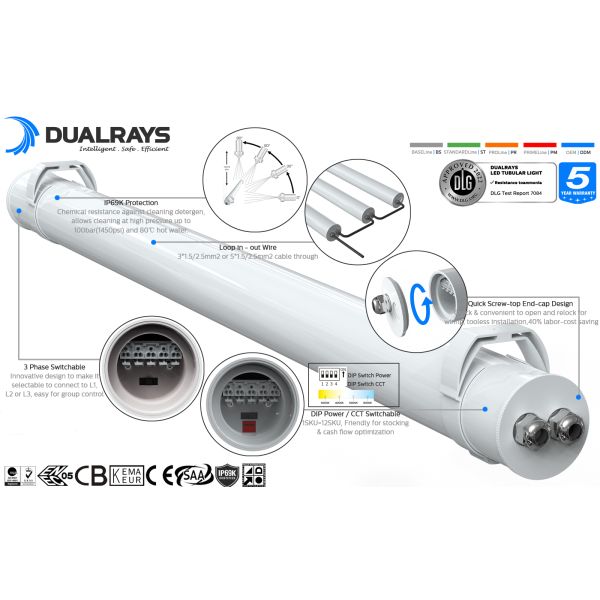 160LPW DIP Switchable power and 3CCT 3-phase changing LED Tubular Light for Animal Stable Warehouse