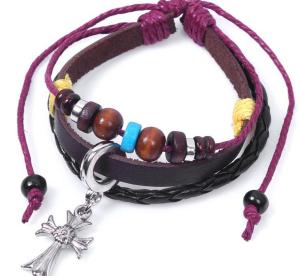 Wholesale European and American style cross Christian export processing leather cord bracelet from china suppliers