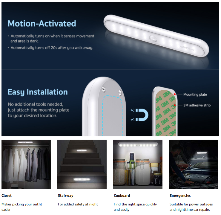 40lm 6200K 20 LED Battery Operated Under Cabinet Light With Motion Sensor
