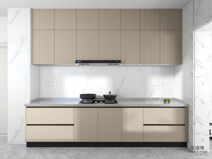 Stainless Steel Double Linear Kitchen Cabinets Light Wood Grain With Enhanced Storage Solution