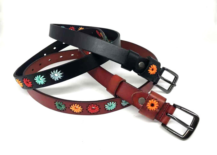 Retro Embroidered 23mm Cowhide Women Leather Belt Alloy Buckle
