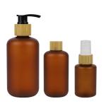 250ml Frosted Amber Cosmetic PET Bottle With Bamboo Pump