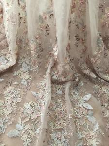 China 36 Inch Pearl Beaded Embroidery Lace Fabric By Yard For Haute Couture Wedding Gown on sale