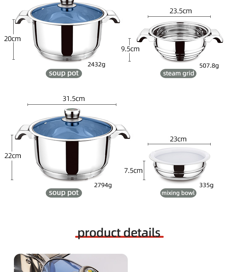 OEM/ODM Different Piece Non Stick Cookware Set Custom Pots And Pans Wholesale 15pcs Stainless Steel Cooking Pot Set