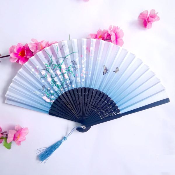 Wholesale Custom Logo Printed Bamboo Folding Fan 21CM(8.27in) Hand Crank Fan with Bamboo and Silk Material