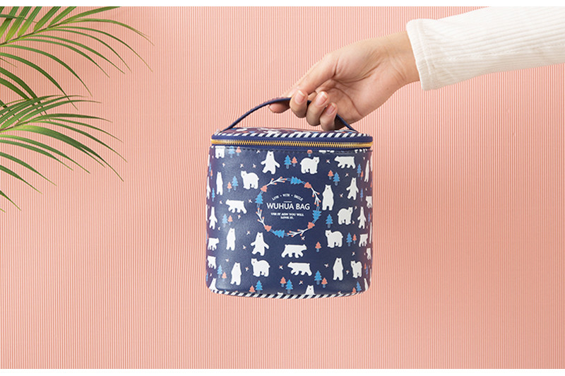 Metal Zipper PU Leather Cylinder Bucket Cosmetic Bag