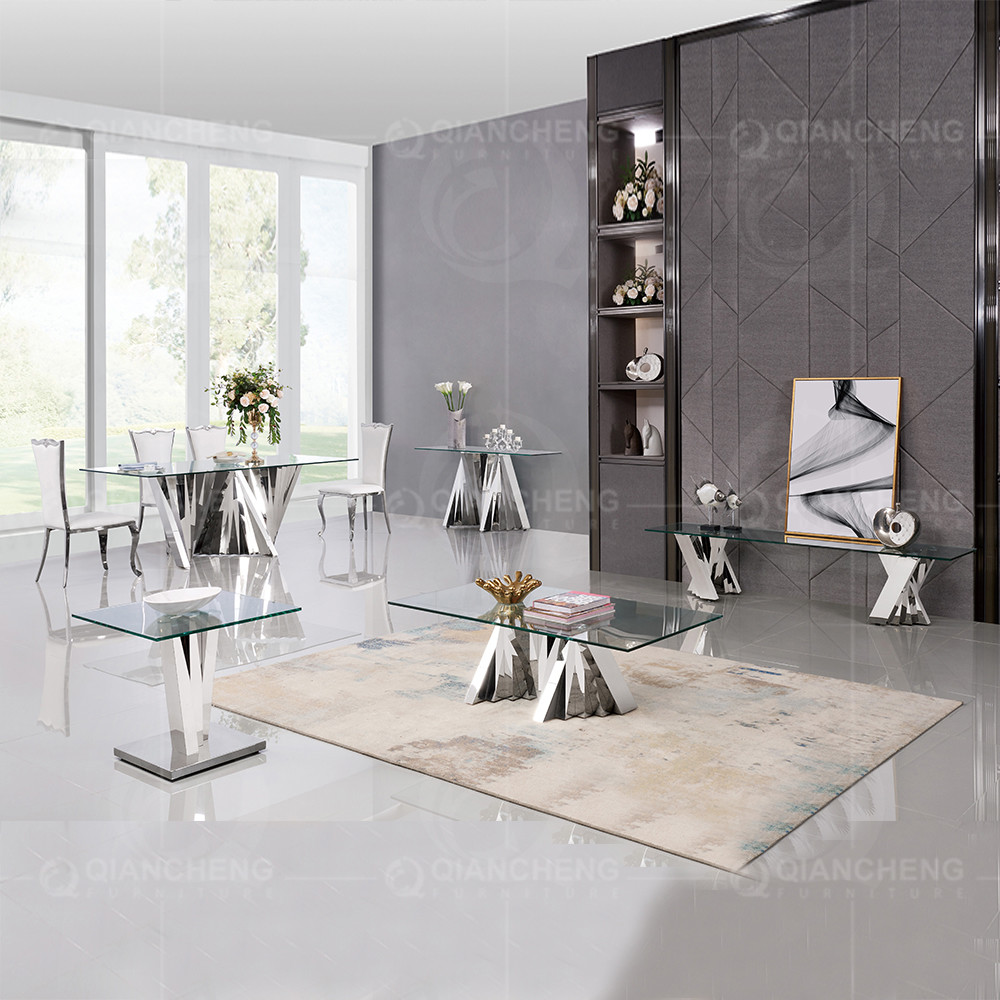 Rectangular 70 inch Minimalist Glass Dining Table Curve Polished Chrome SS Frame