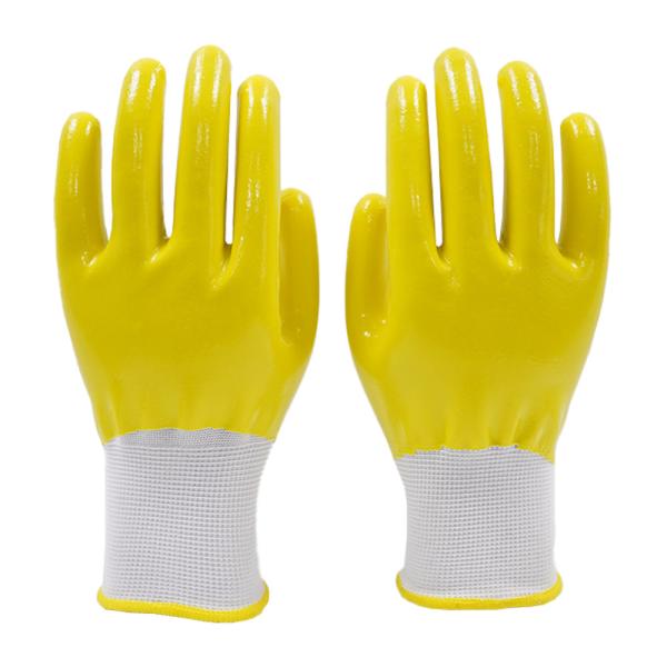 POPALM 13 Guage Nitrile Dipped Work Gloves , Safety Yellow Polyester Nitrile