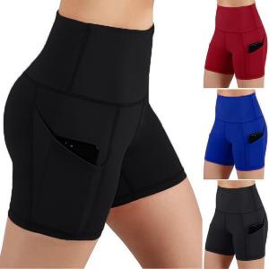 China High Waisted Black Sports Shorts For Women Tummy Control Gym Tight Leggings Side Pocket on sale