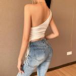Side Adjust String Rib Knit Women Crop Top , One Side Off Shoulder Crop Top
