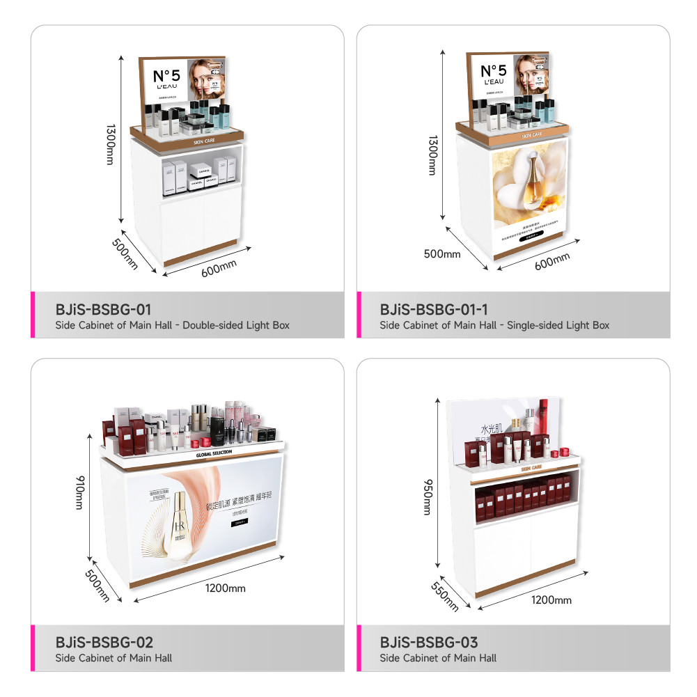 Cosmetic Shop Display Rack Platinum Wooden Central Hall Cabinet With Light Box For Skincare Store Design And Branding Shop Decoration