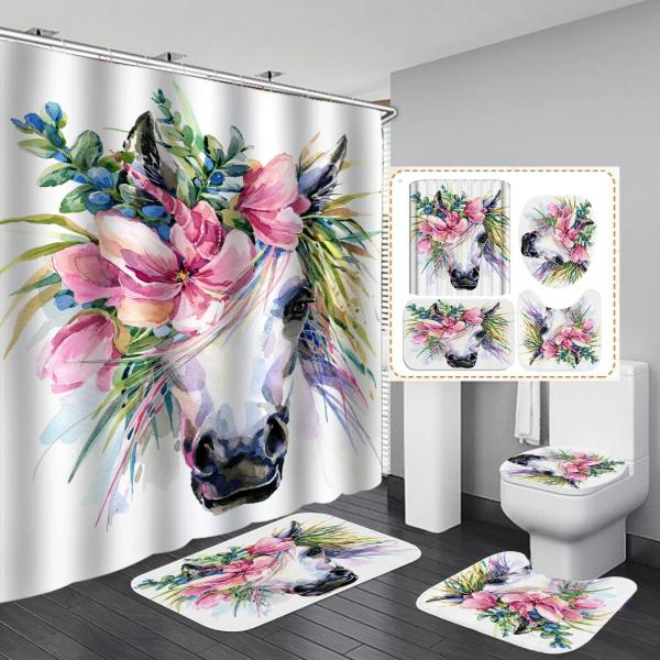 Thicken Digital Printing Flower Design Bathroom Shower Curtains and Rugs Set