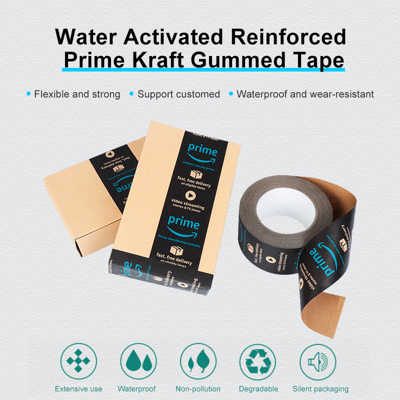 Custom Logo Brown Packaging Water Activated Gummed Thread Reinforced Wet Kraft Paper Adhesive Tape Roll for Packing Black