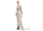 Grey Color Forging Long Sleeve Evening Dresses / O Neck Embroidery Prom Party