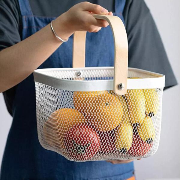 Sustainable Wire Mesh Storage Baskets With Wood Handle