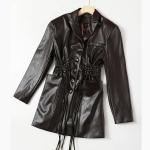 Breathable Women Fashion Drawstring Oversized Midi Winter Pockets Long Leather