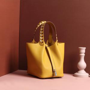 China Polyester Lining Yellow Full Grain Leather Handbags For Ladies on sale