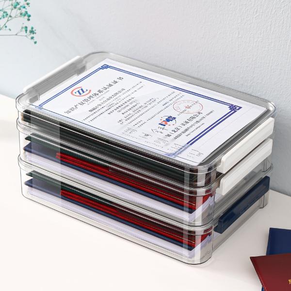 Clear A4 Document Storage Box with Wine Red Snap Tight Lid PET Files Documents