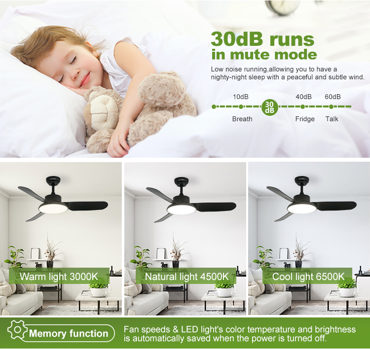Modern 43-inch Black LED Ceiling Fan with Silent Motor and Air Conditioning Function