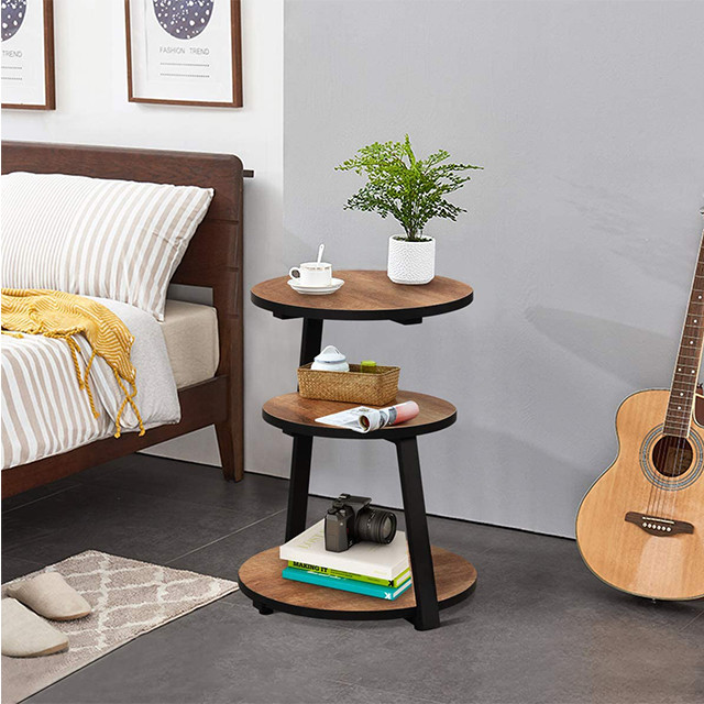 Wooden 3 Tier Brown C Shaped Nesting Tables Bedroom End