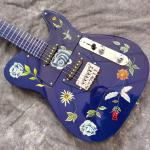 Handmade Painting Flowers on Body Blue Fingerboard and Head Electric Guitar