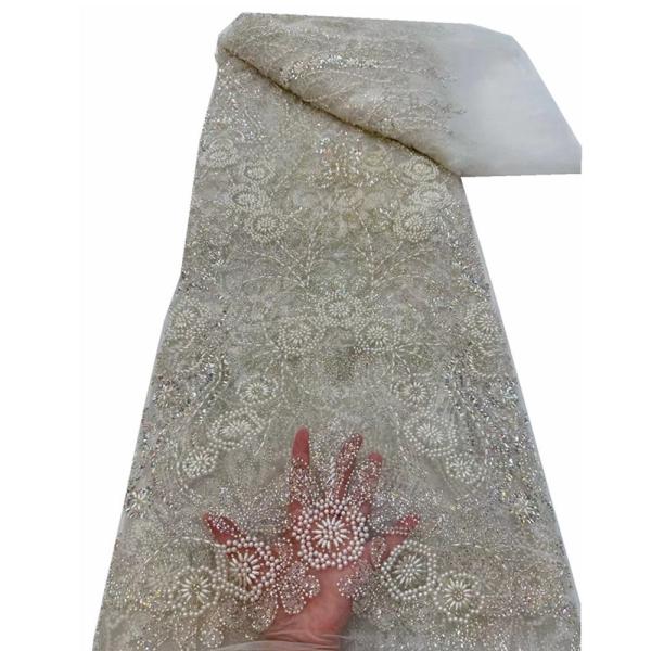 Luxury Pearl Lace Fabric Indian Handmade Beaded Sequin Embroidered Mesh Fabric