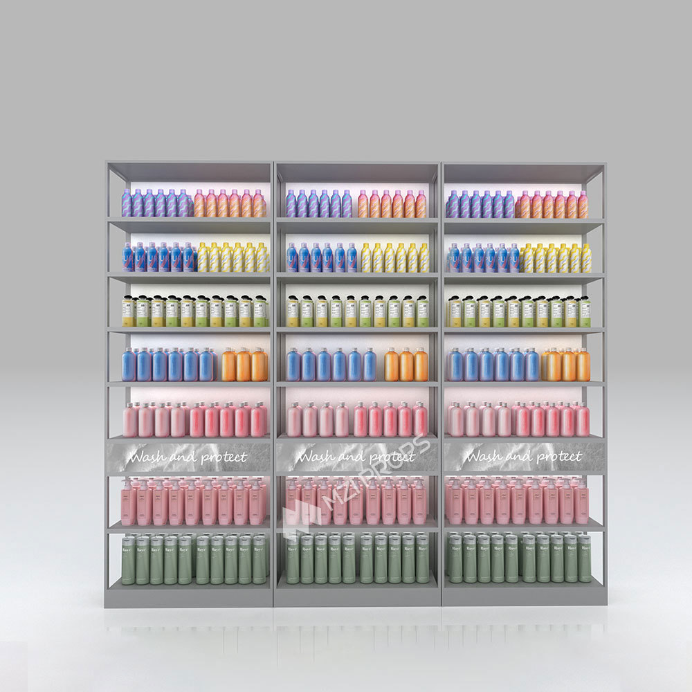 Skincare Shop Gray Wooden Display Rack Washing & Care Shelves with Light-box for Cosmetic Shop Fitting and Retail Store Design