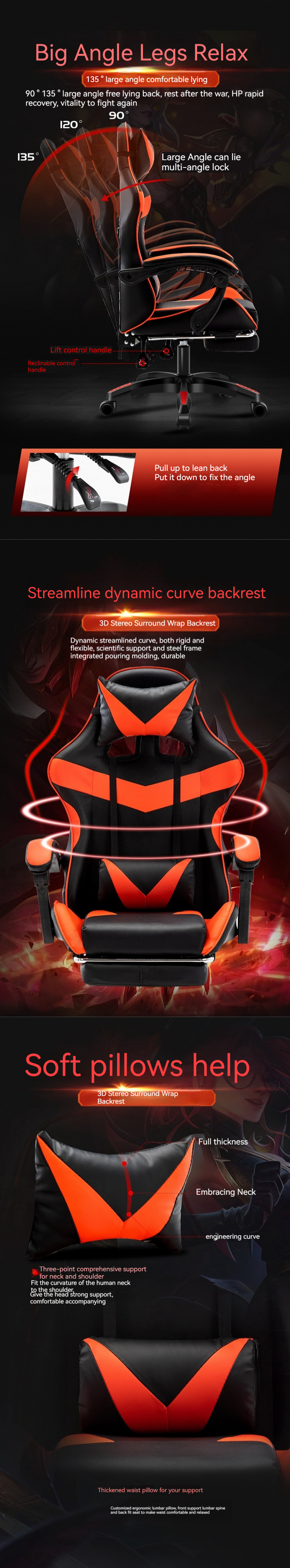 ISO9001/ISO14001 Certified Black Gaming Chair with BIFMA Passed 60mm PU Nylon Castors