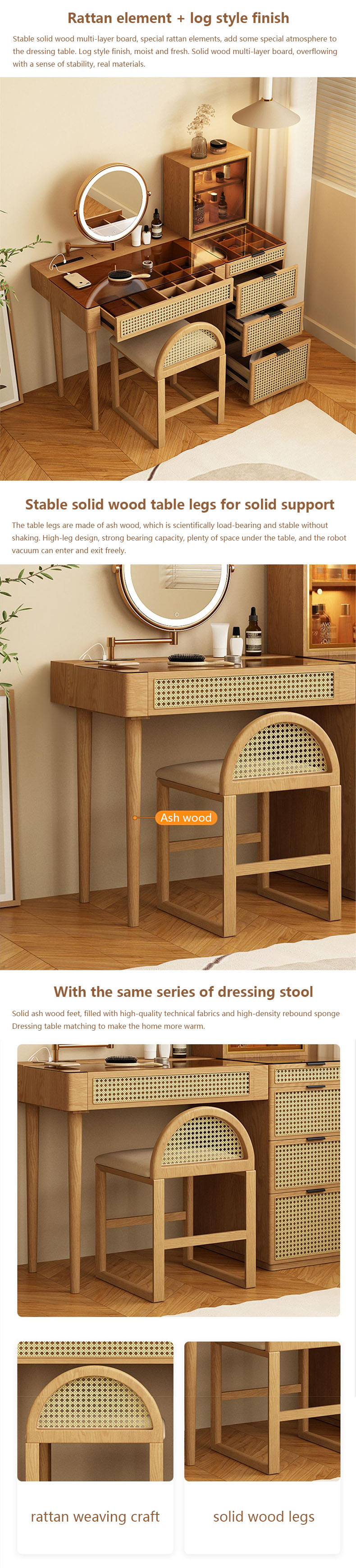 Solid Wood Corner Makeup Vanity Set Dressing Table Rotatable Mirror