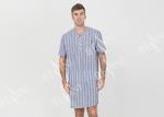 Stripeed Design Mens Short Sleeve Nightshirts Button Placket Embroidery Curved