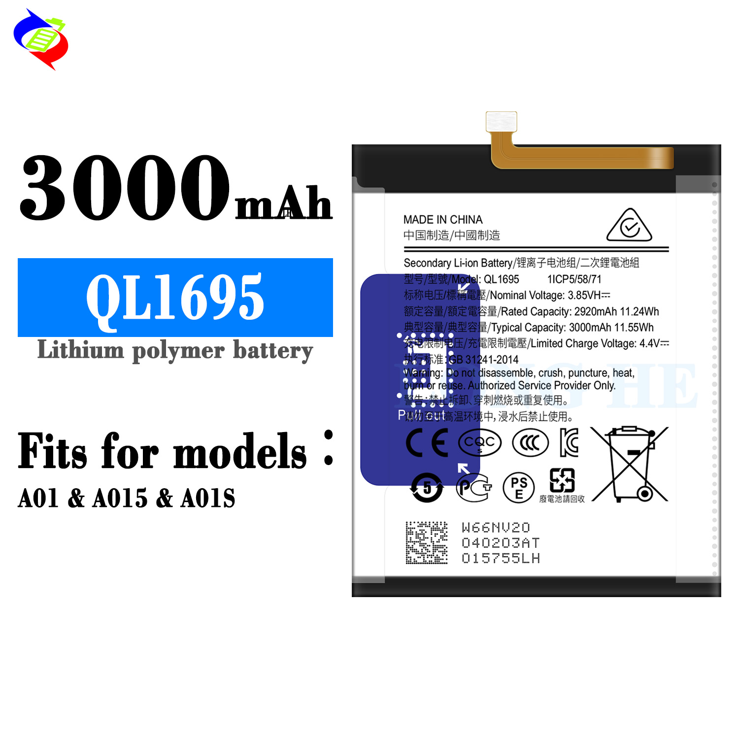 3000mAh 3.85V Rechargeable Li-ion Battery QL1695 for Samsung Galaxy A01 A015 in Black