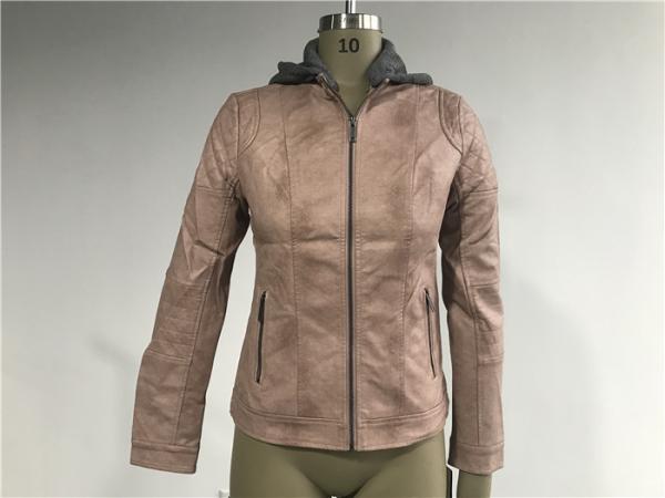 Ladies' Zip Through Grey Melange Detachable Hooded Rose Pink Pleather Biker