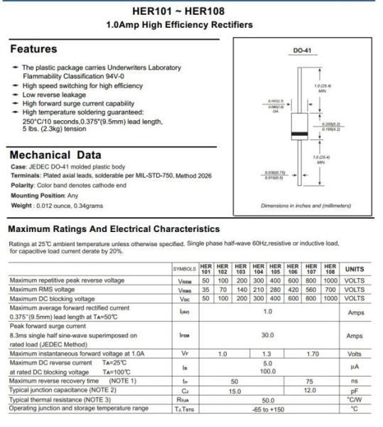 High Efficiency Rectifiers Diode 1A HER101 Thru HER108 Do-41 Package