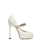 Pointed Toe Mirror Platform Heel Shoes Sewed Bead With Diamond Chain