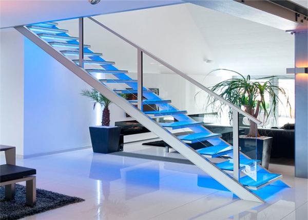 Led Light Glass Staircase Double Stringer Straight Flight Staircase With