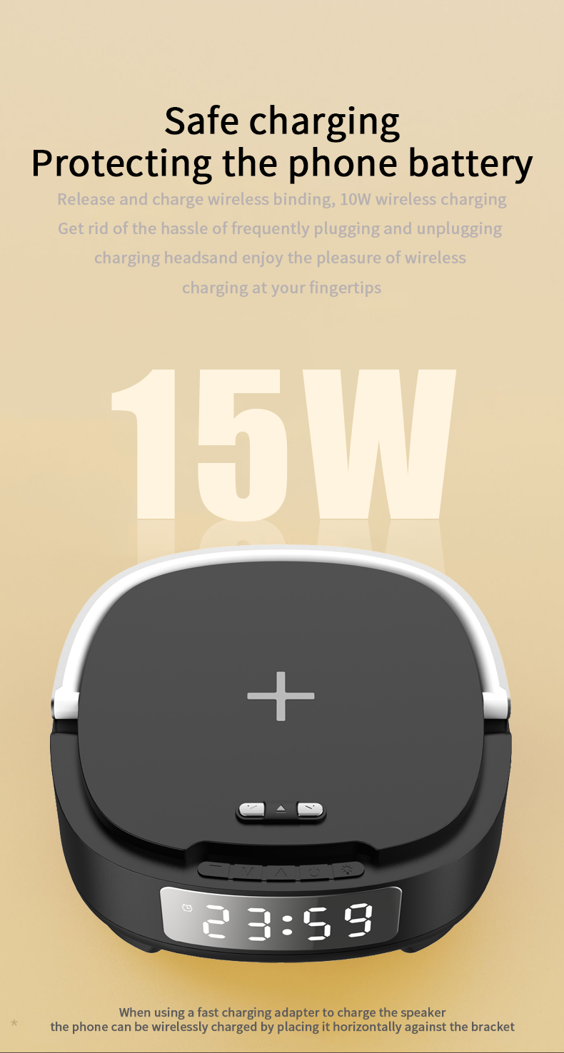 15W Phone Stand Wireless Charger Fast Phone Charging Alarm Clock Bt Speaker For Bedroom