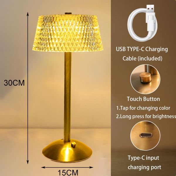 Metal Crystal Diamond Desk Lamp 700mAH 3 Color Bedside Lamp With Dimmer