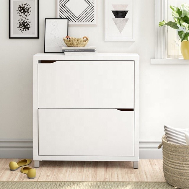 Customized Contemporary White Wooden Flip Down closed Shoe Rack Furniture 2 Tier For hallway