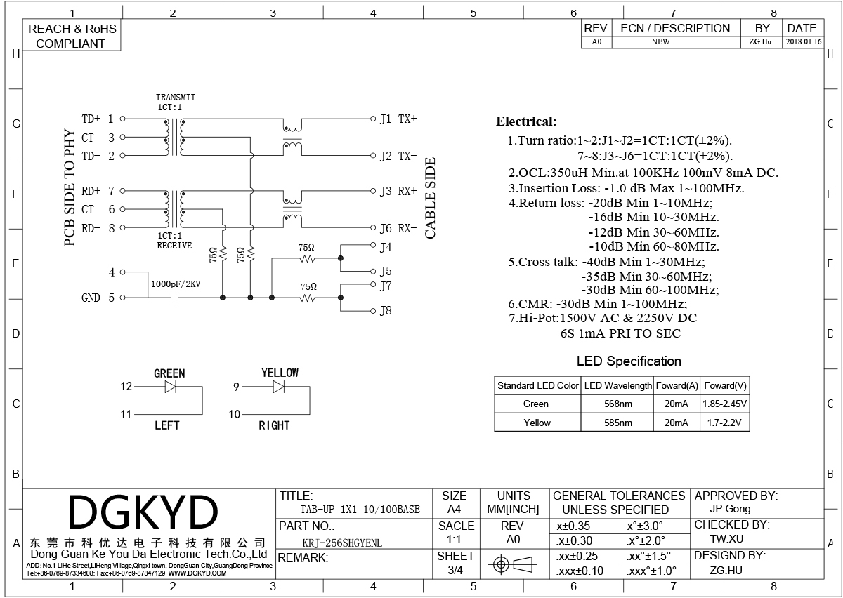 10/100 BASE Single Port RJ45 Magnetics Connector Ethernet Modular Jack Customized KRJ-256SHGYENL