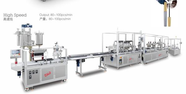 Two Tanks Liquid Lipstick Filling Machine with production speed at 80-100ppm and