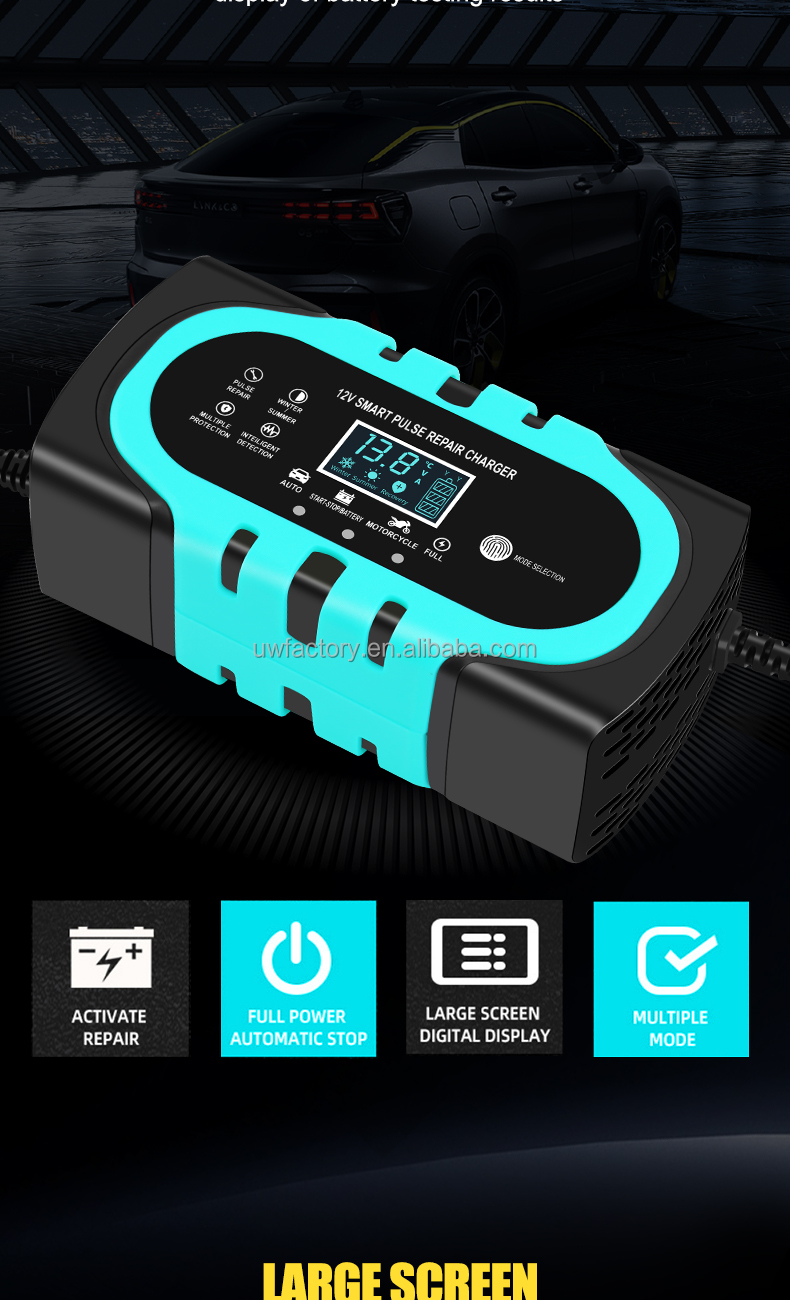 Car 12V 10A LCD Display Smart Battery Charger with Short Circuit Protection and Universal Design