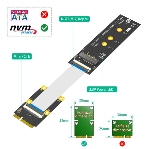 M.2 NVME SSD to Mini PCIe Adapter with 3.3V Power LED