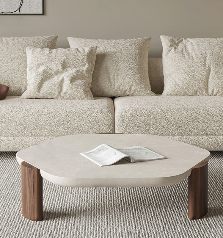 Minimalist Walnut Natural Stone Table Round Antique Marble Top Coffee Table
