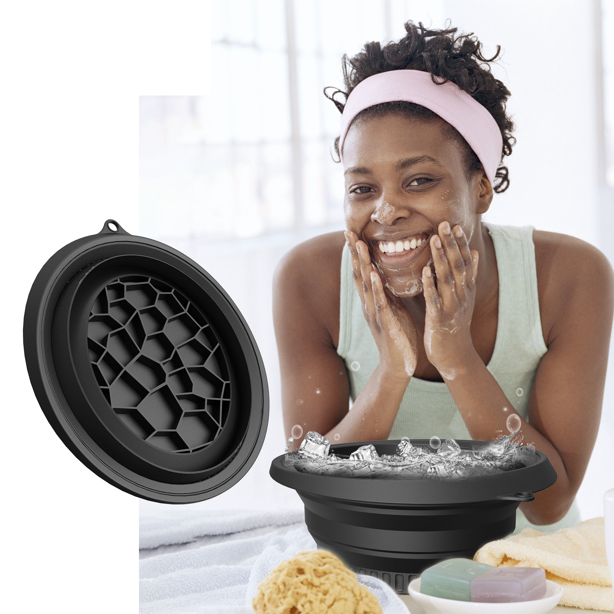 Large Silicone Bowl for Face Ice Bath with Built-In Icetray, Foldable and Hanging Design for Easy Storage and Carrying, Dipping Face Ice Bath at Home