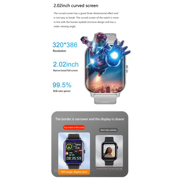 Eraysun Curved Screen 2 Smart Watch 2.02 Inch 3D Dynamic Waterproof Dials to Wake up Heart Rate Monitoring Fitness Smart Watches