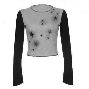 China Custom Clothing Factory China Ladies Star Print Color-Block Long-Sleeved Pullover Top on sale