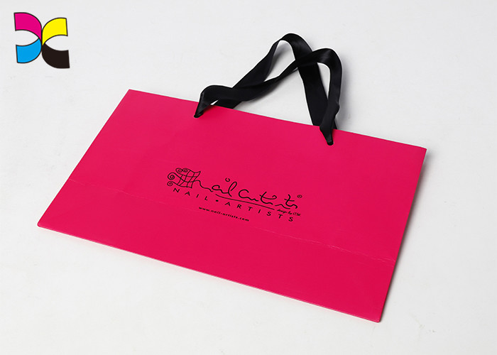 Pink Color Printed Paper Bags Black Ribbon Handle Earth - Friendly Embossing