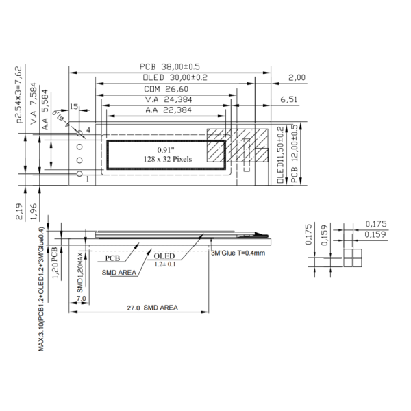 0.91-Inch OLED Display Module (128x32, White/Blue, I²C, SSD1306) – Ultra-Compact PMOLED for Embedded & Wearable Designs