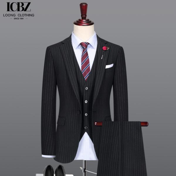 Anti-wrinkle Men's Business Suit in Classic Black and White Stripes with Notch